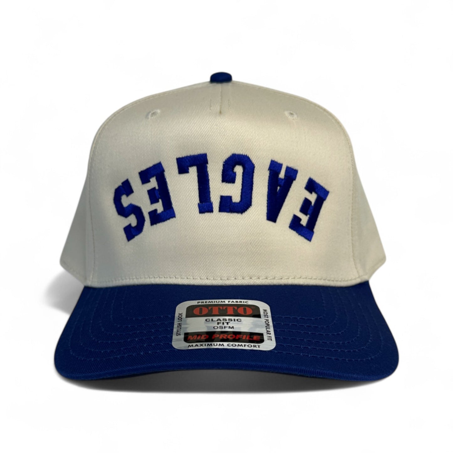 Rejoice Eagles - Embroidered Upside Down Eagles Arched Text - Otto Snapback Hat (Royal/Natural)