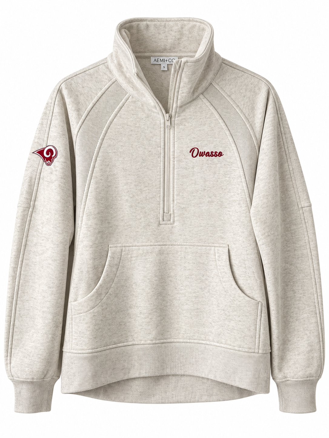 Owasso Rams - Embroidered Owasso Script Ram Logo - Dove Funnel Neck 1/2 Zip Sweatshirt
