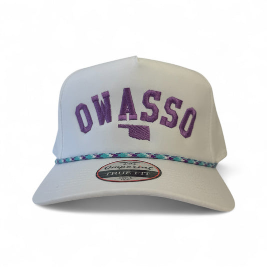 Owasso Oklahoma - Embroidered Arch and State Design - Imperial Rope Hat (White/Purple/Teal)