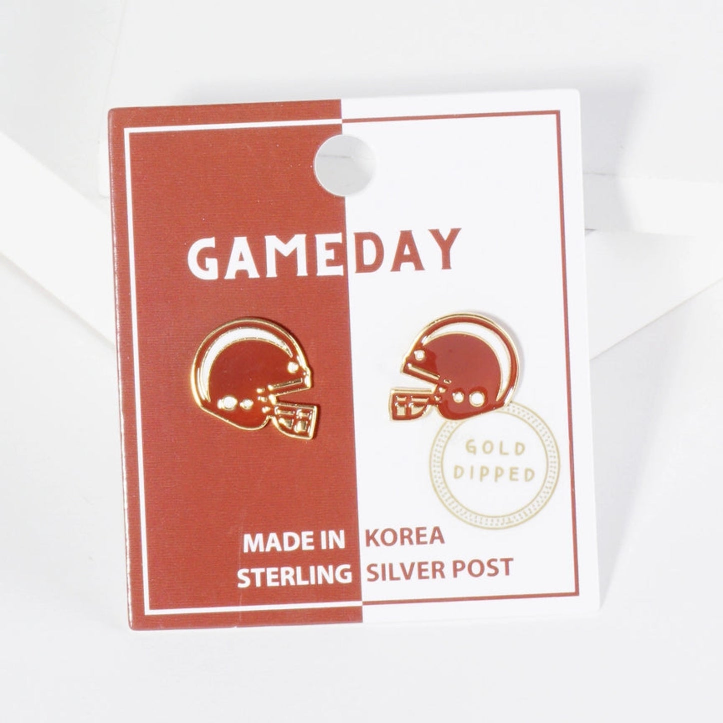 Burgundy-white Football Helmet-shaped earrings on 'GAMEDAY' cards with gold-dipped finish, sterling silver post