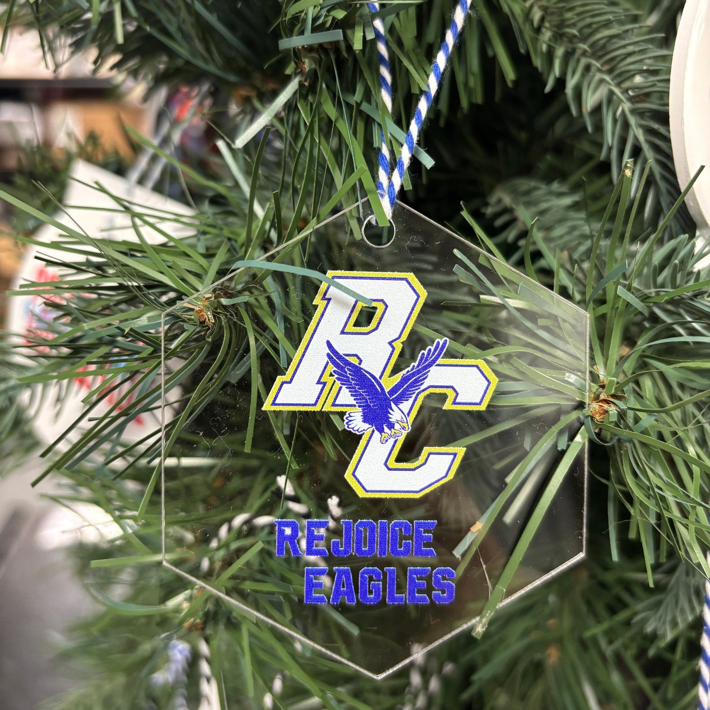 Rejoice Eagles - Sublimated Rejoice Christian School Logo - Acrylic Hexagon Ornament