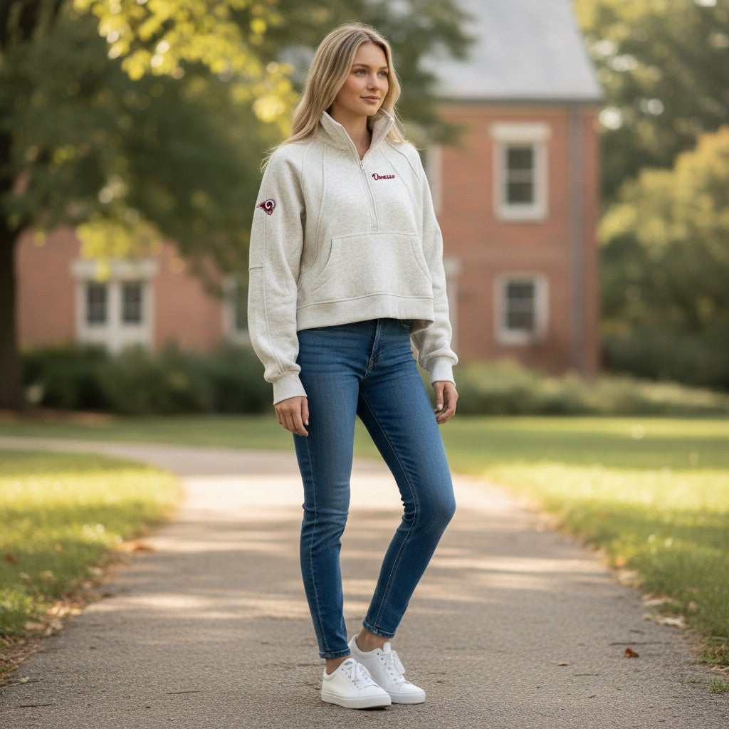 Owasso Rams - Embroidered Owasso Script Ram Logo - Dove Funnel Neck 1/2 Zip Sweatshirt