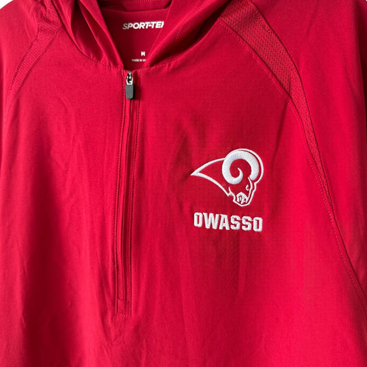 Owasso Rams - Embroidered Ram Logo Owasso - 1/2 Zip Repeat Hooded Long Sleeve Pullover