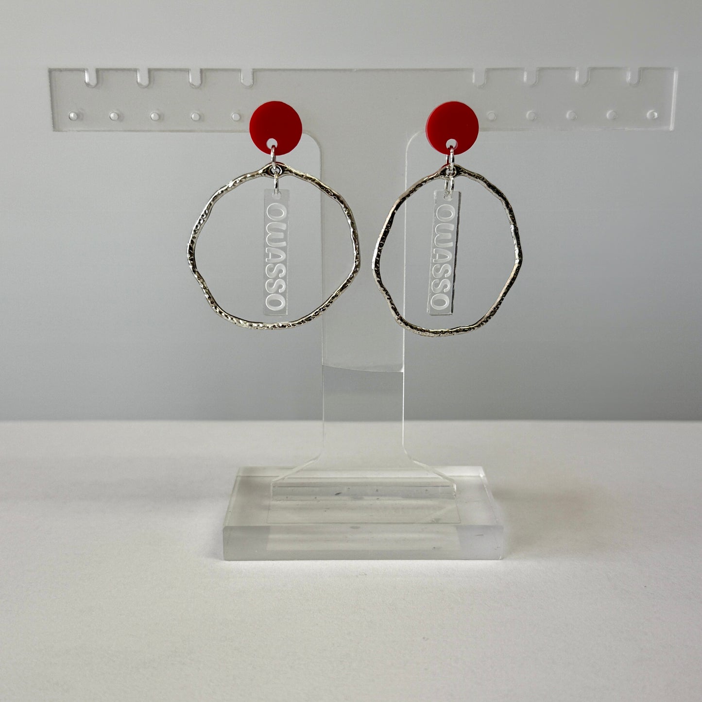 Owasso Rams - Owasso Acrylic Silver Hoop Earring (Silver/Red)