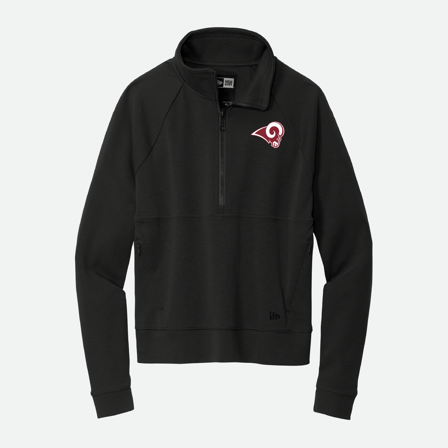 Owasso Rams - Embroidered Ram - Ladies New Era Fitted 1/2 Zip Sweatshirt (Black)