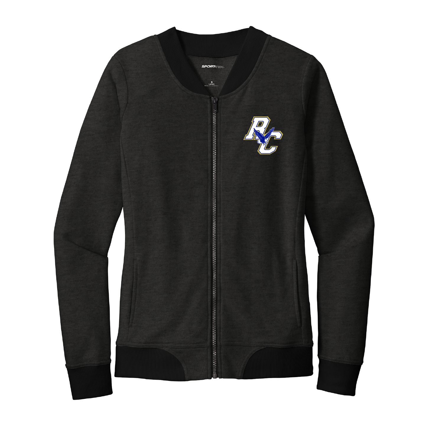 Rejoice Eagles - Embroidered Rejoice Christian Eagles Logo - Ladies Lightweight Bomber Full Zip Jacket (Heather Grey/Black)