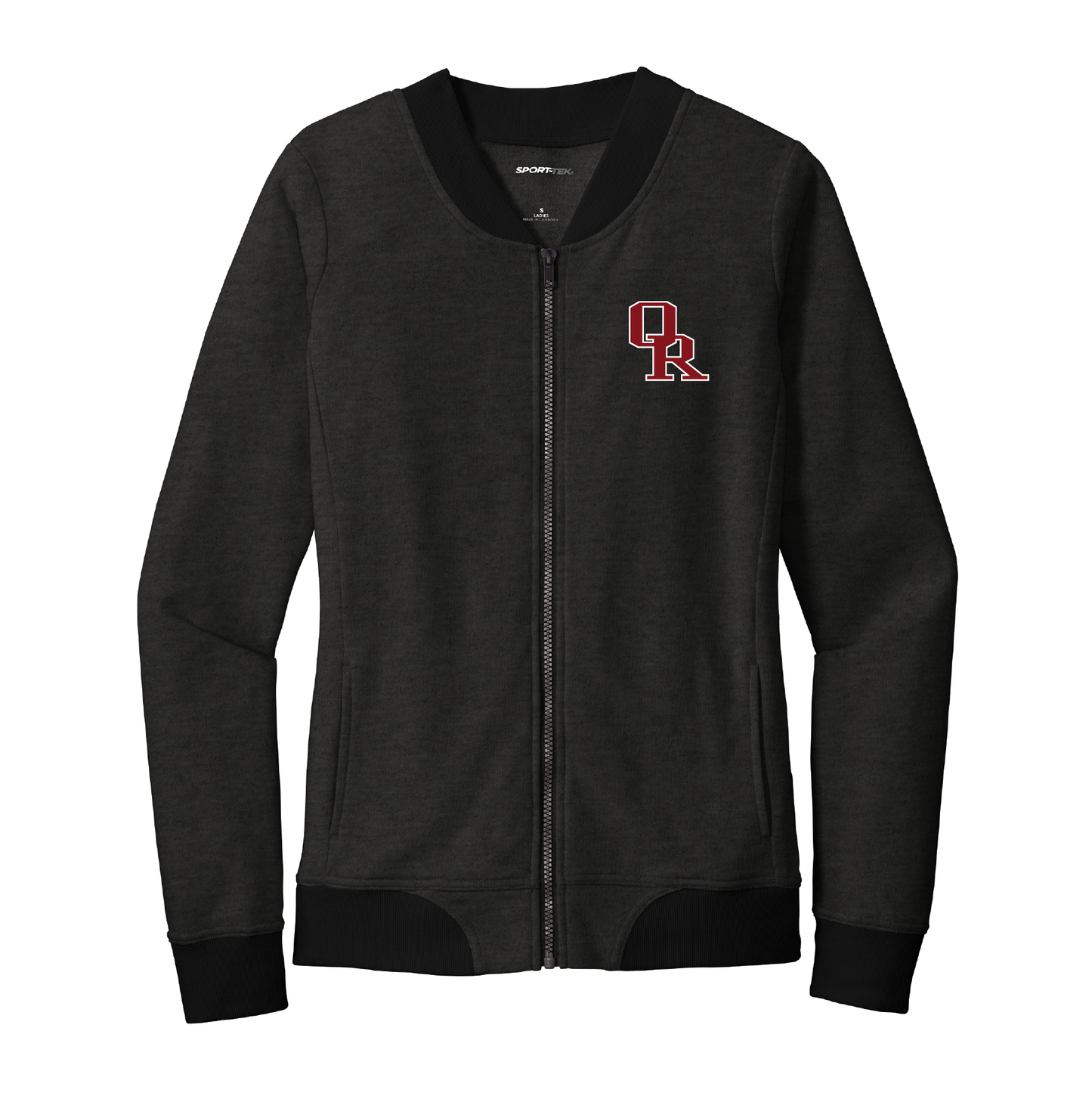 Owasso Rams - Embroidered Interlocking OR Card/White - Ladies Lightweight Bomber Full Zip Jacket (Heather Grey/Black)