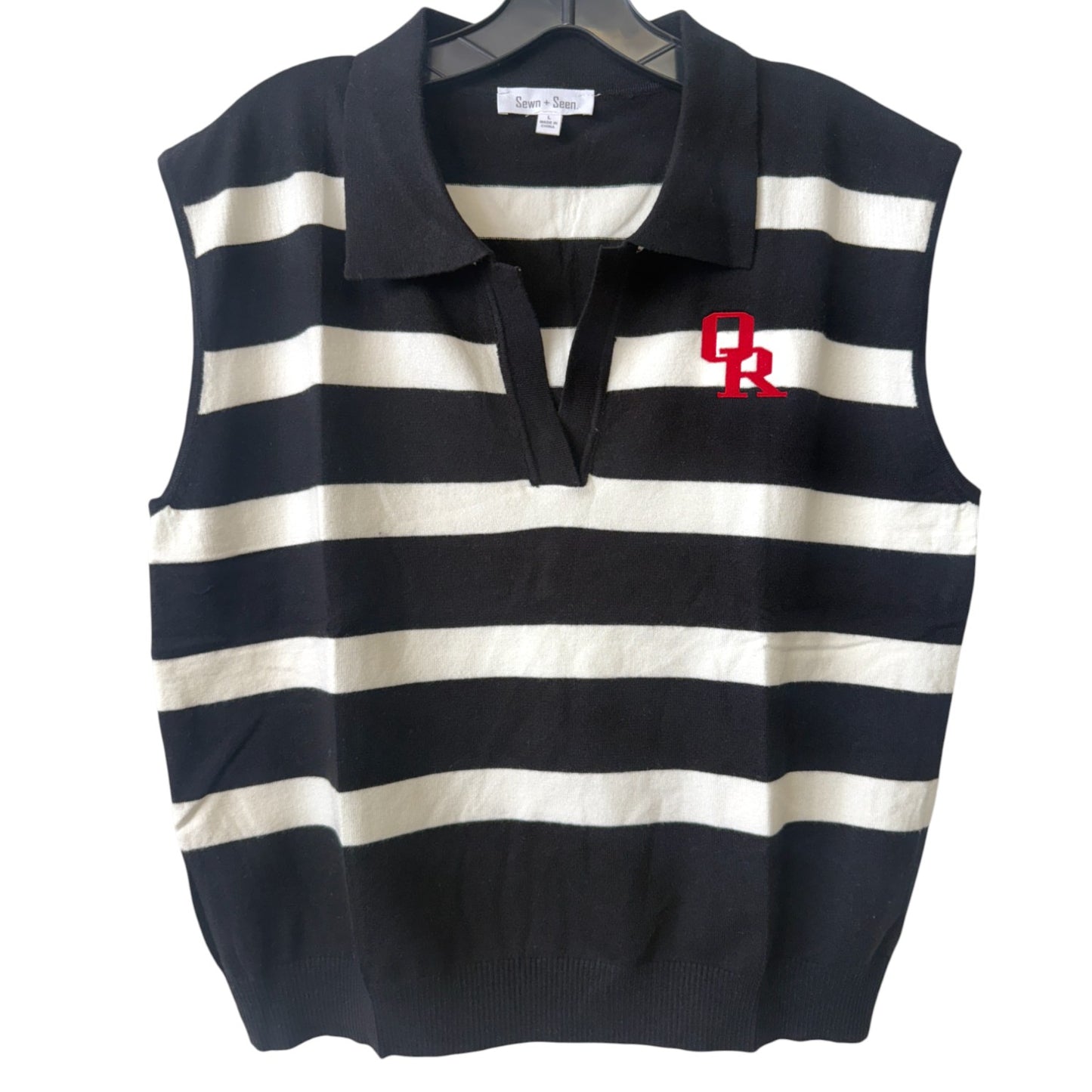 Owasso Rams - Embroidered Interlocking OR Cardinal - Ladies Striped Sleeveless Sweater Top (Black/White)