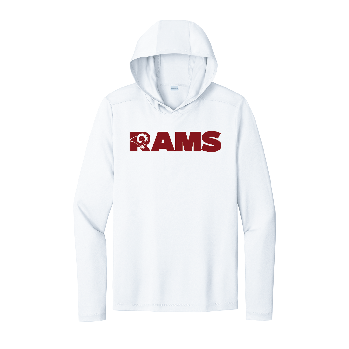Owasso Rams - Screen Print Ram in "R"ams - UV Hooded Performance Long Sleeve Tee (White)