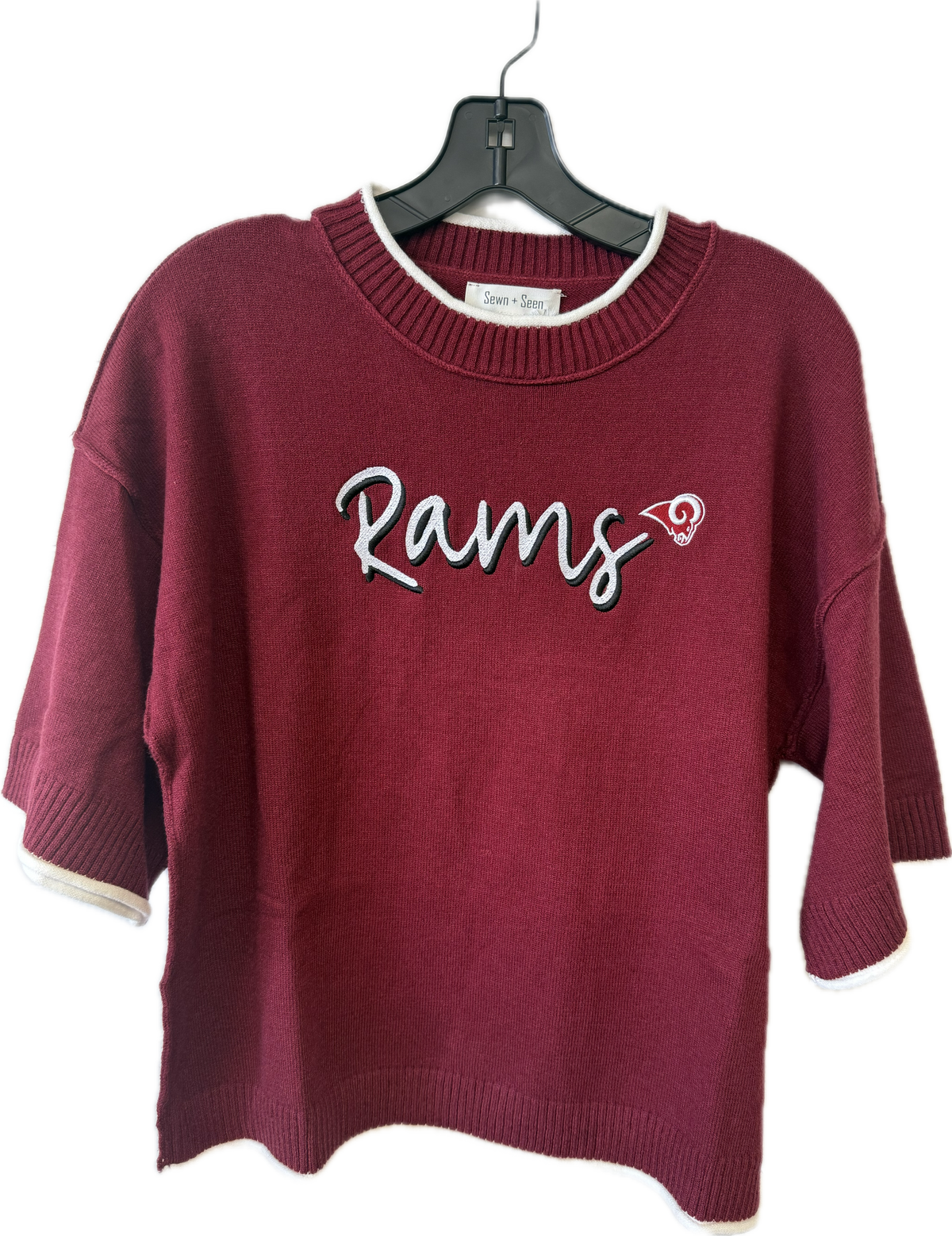 Owasso Rams - Embroidered Rams Script Ram Logo- Short Sleeve Solid Sweater