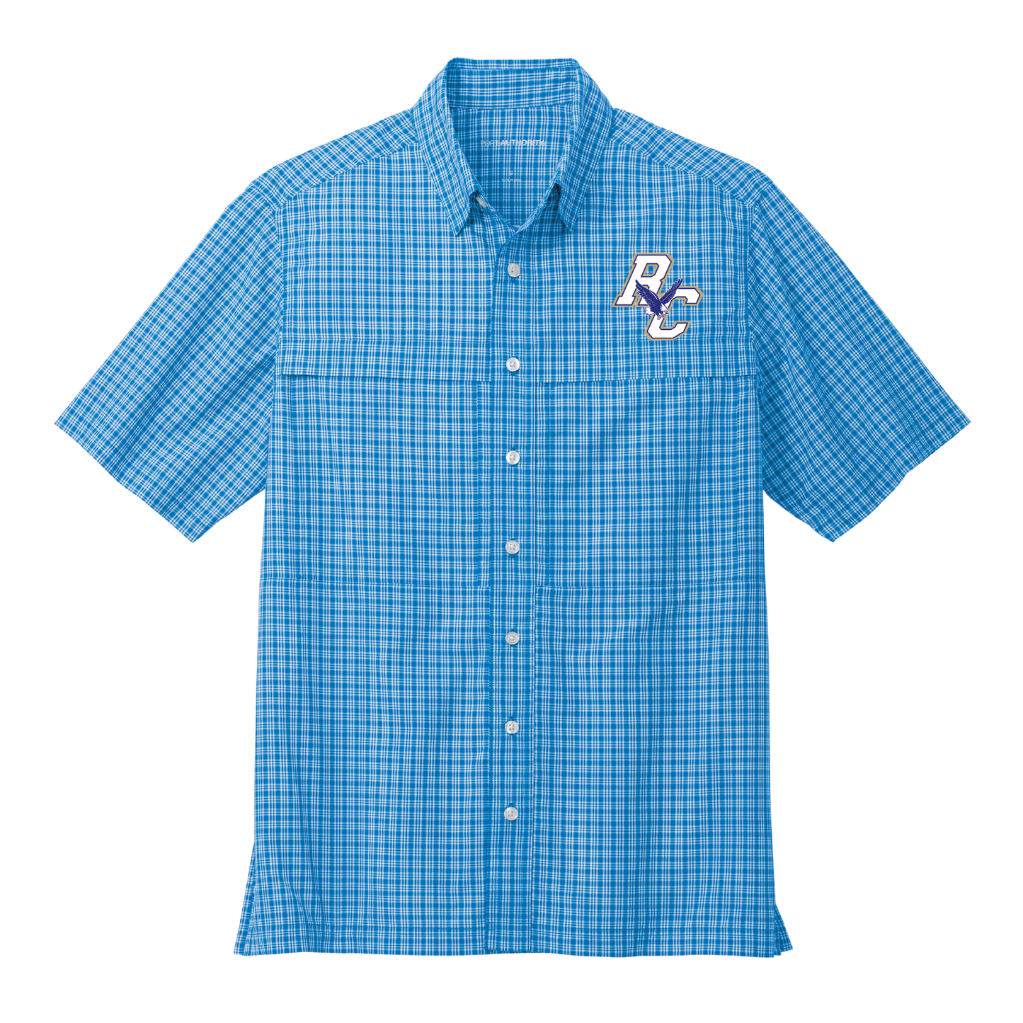 Rejoice Eagles -Embroidered Rejoice Christian Eagles Logo - Outdoor Button Up Shirt (Blue Plaid)