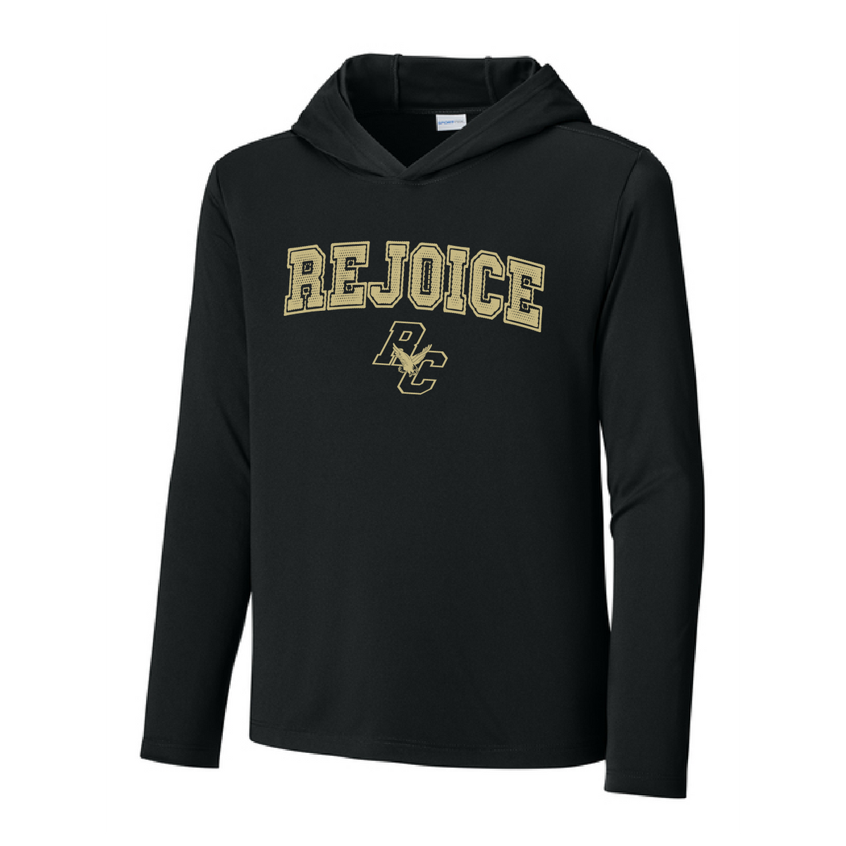Rejoice - Screen Print Rejoice Gold Mesh Logo - UV Hooded Performance Long Sleeve - YOUTH (Copy)