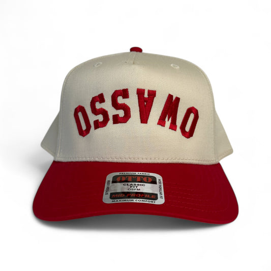 Owasso Rams - Embroidered Upside Down Owasso Arched Text - Otto Snapback Hat (Red/Natural)