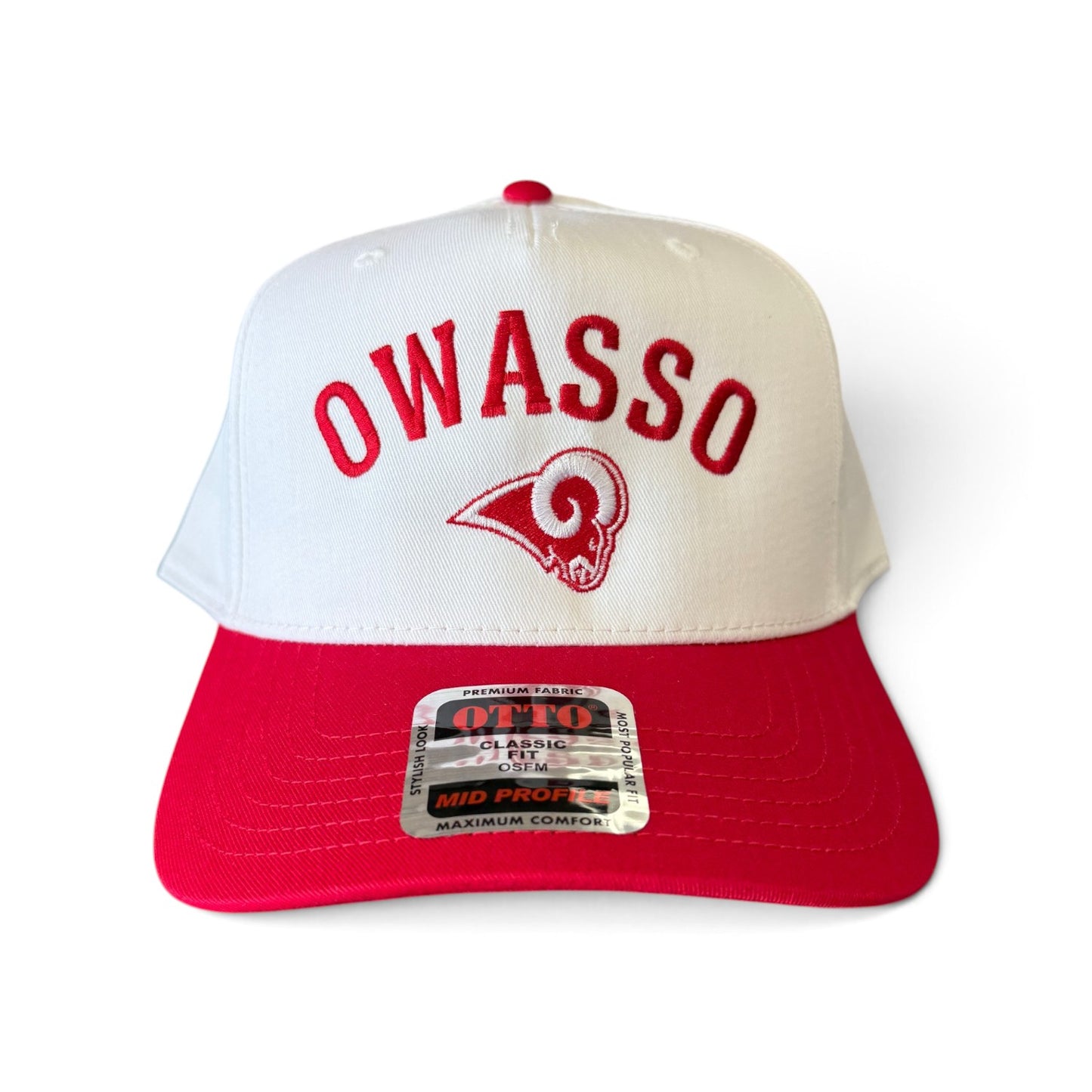 Owasso Rams - Embroidered Owasso Arched Ram Logo - Otto Snapback Hat (Red/White)