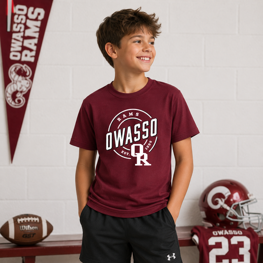 Owasso Rams – Screen Print Vintage OR Circle Tee – Youth