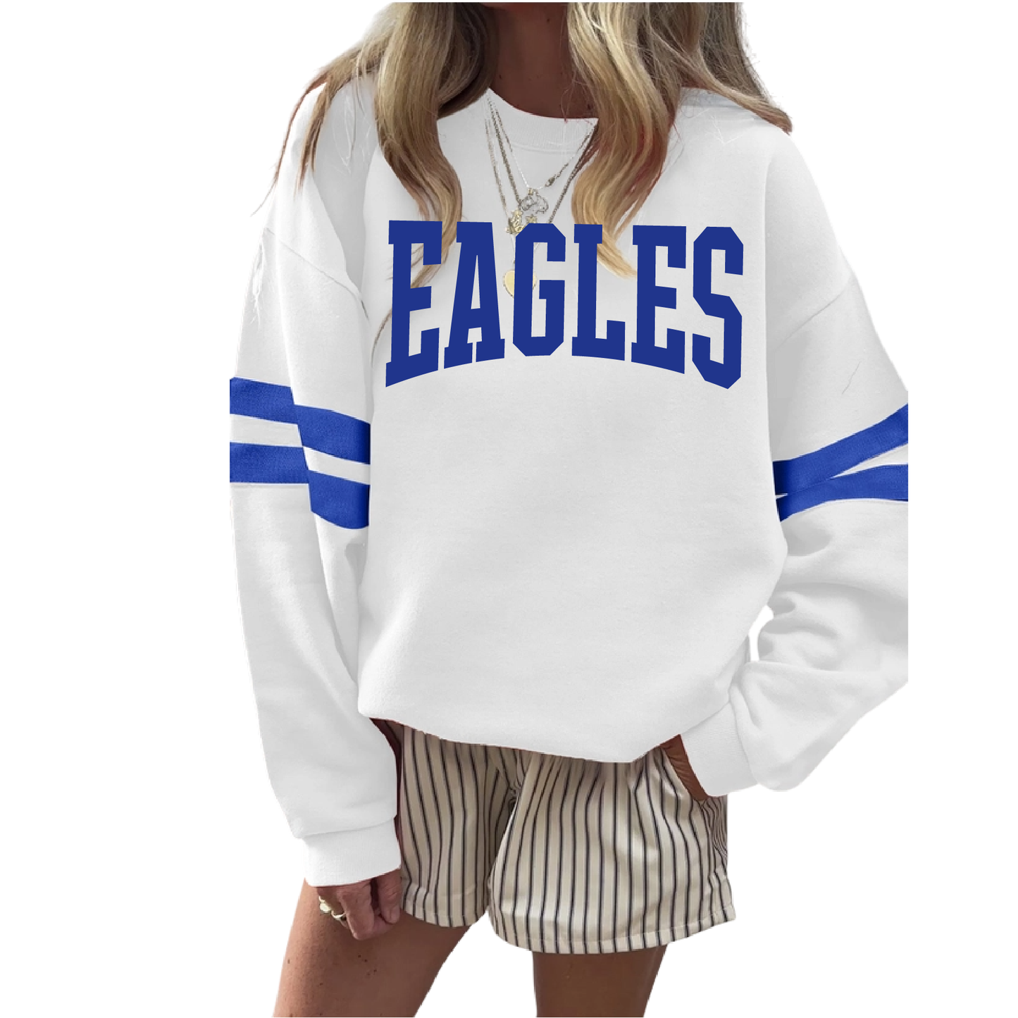 Rejoice Eagles - Screenprint Eagles Varsity Block - Varsity Stripe Sweatshirt