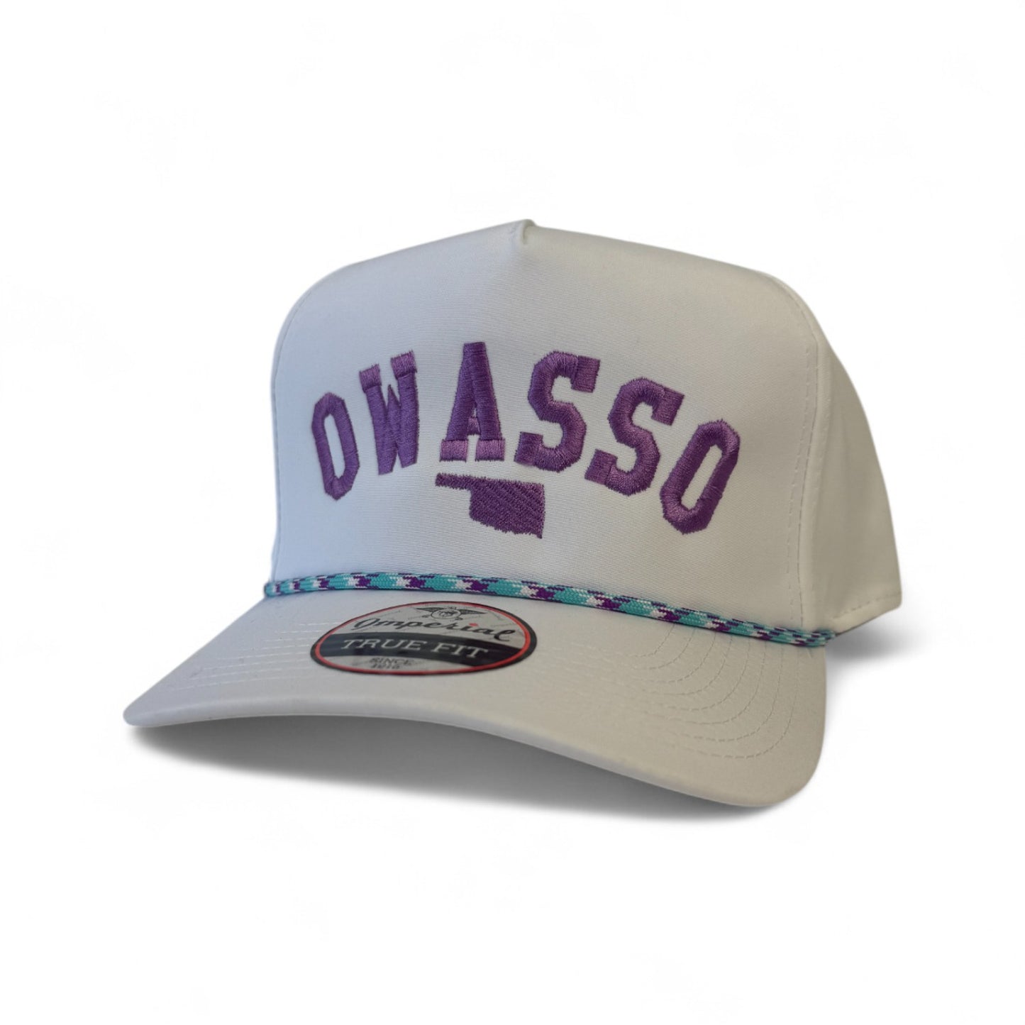 Owasso Oklahoma - Embroidered Arch and State Design - Imperial Rope Hat (White/Purple/Teal)