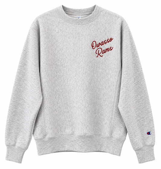 Owasso Rams - Champion Embroidered OWS Rams Script - Crewneck Sweatshirt