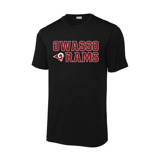 Owasso Rams - Screen Print Stacked Text with Ram Head - UV Performance Tee (Black)