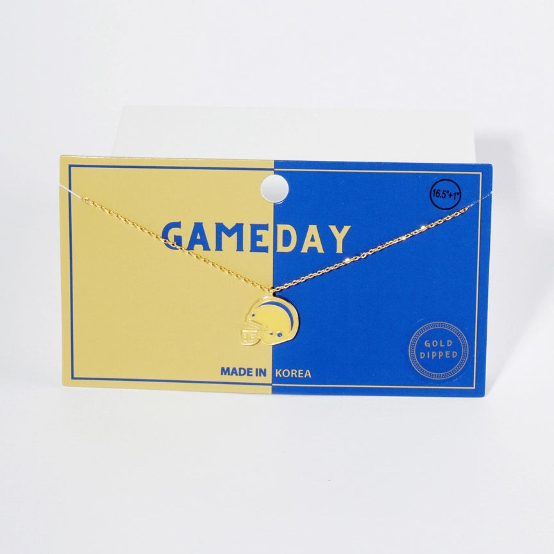 Gold football helmet necklace on a 'GAMEDAY' branded card with blue and Gold design.