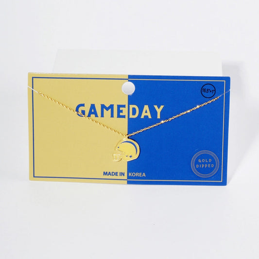 Gold football helmet necklace on a 'GAMEDAY' branded card with blue and Gold design.
