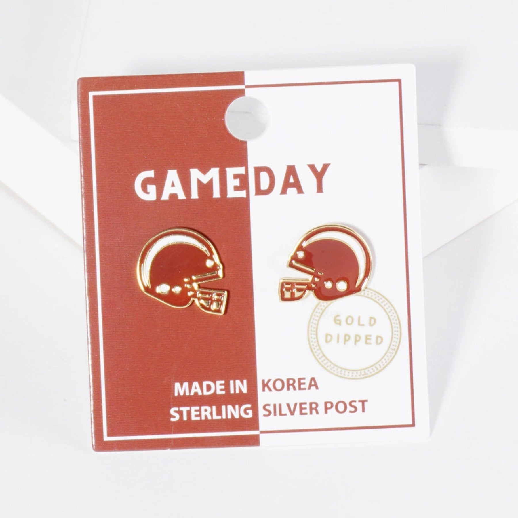 Burgundy-white Football Helmet-shaped earrings on 'GAMEDAY' cards with gold-dipped finish, sterling silver post