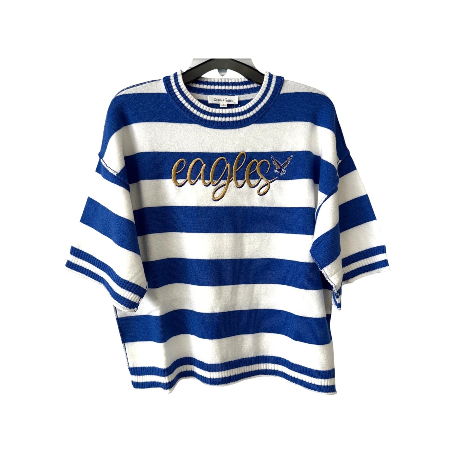 Rejoice Eagles - Embroidered Eagles Script Fly Eagle - Short Sleeve Stripe Sweater
