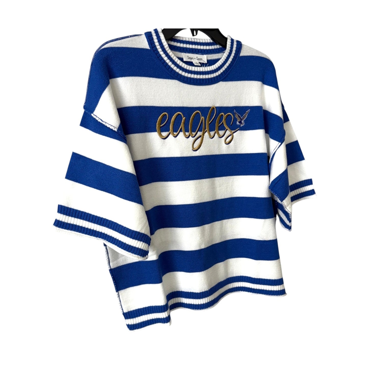 Rejoice Eagles - Embroidered Eagles Script Fly Eagle - Short Sleeve Stripe Sweater