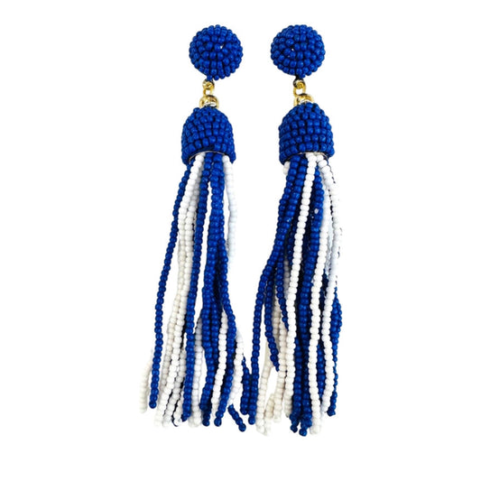 Blue and white beaded tassel earrings on a white background