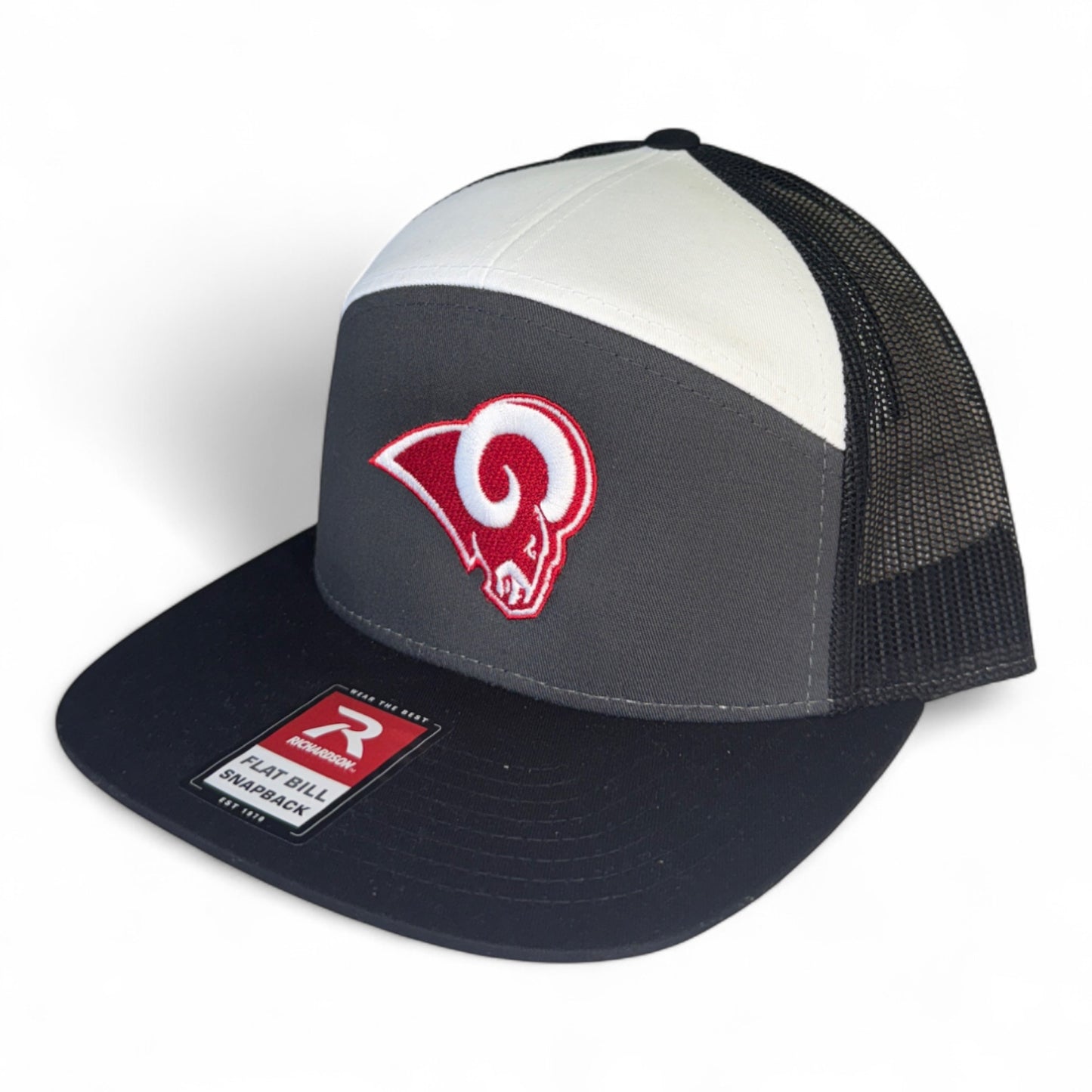 Owasso Rams - Embroidered Ram  - Richardson 7 Panel Flatbill Snapback Hat (White/Gray/Black) (Copy)