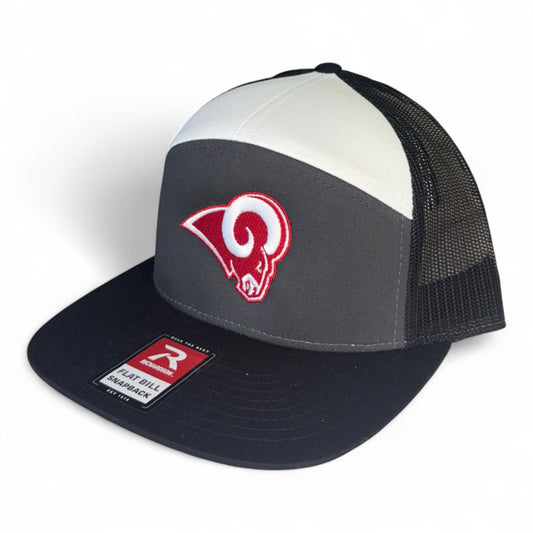 Owasso Rams - Embroidered Ram  - Richardson 7 Panel Flatbill Snapback Hat (White/Gray/Black) (Copy)