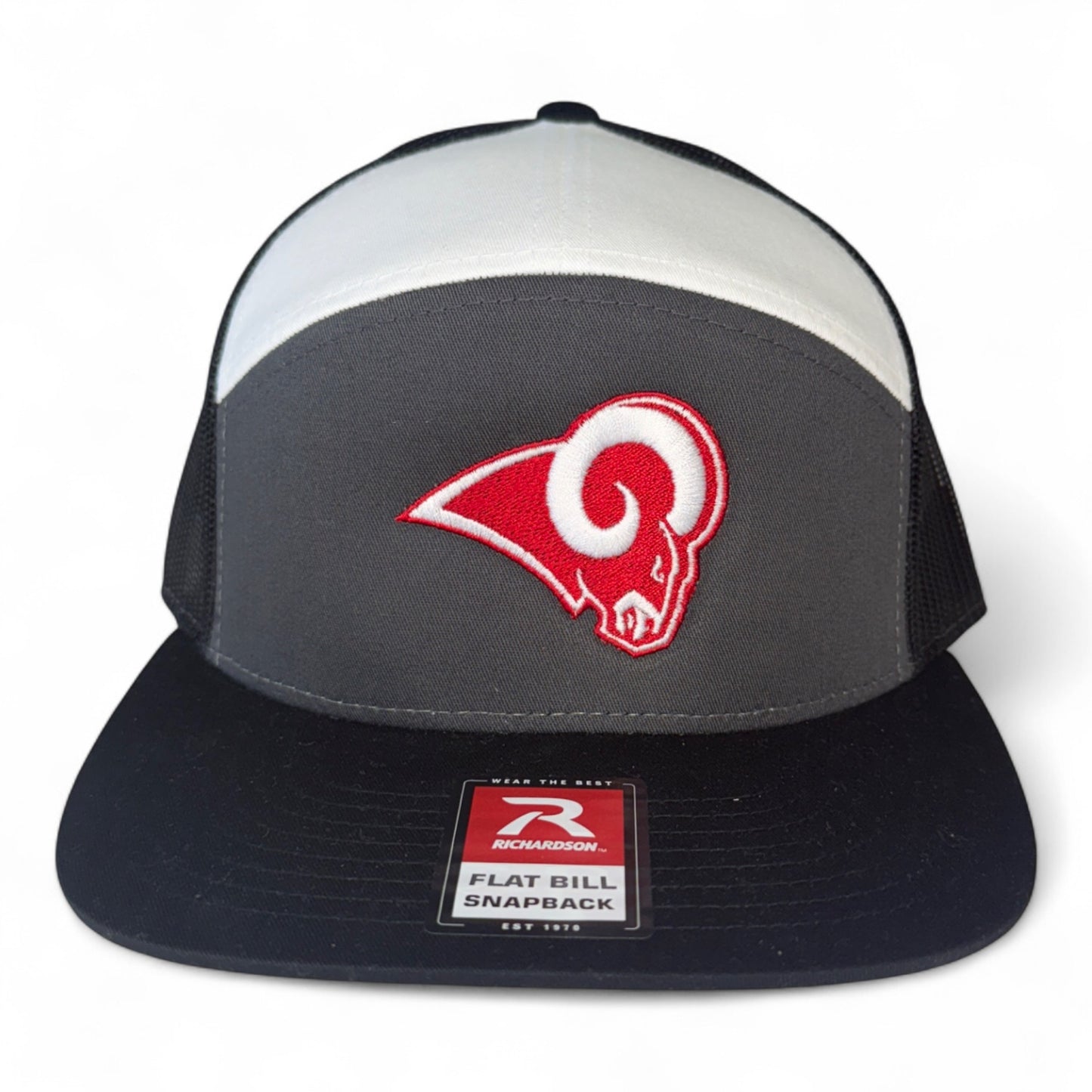 Owasso Rams - Embroidered Ram  - Richardson 7 Panel Flatbill Snapback Hat (White/Gray/Black) (Copy)