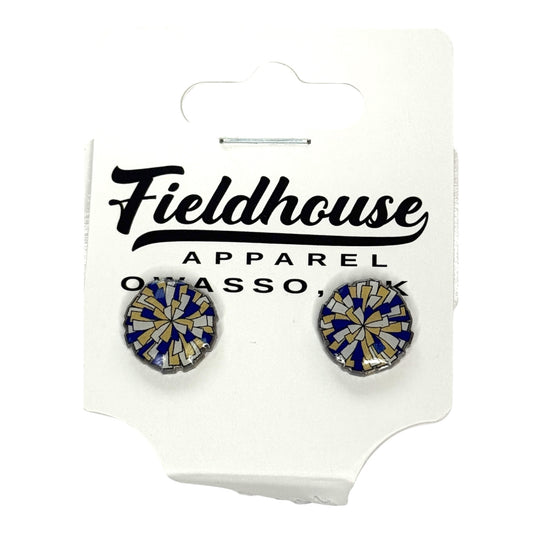 Pompom Stud Earrings - Blue/Gold/White