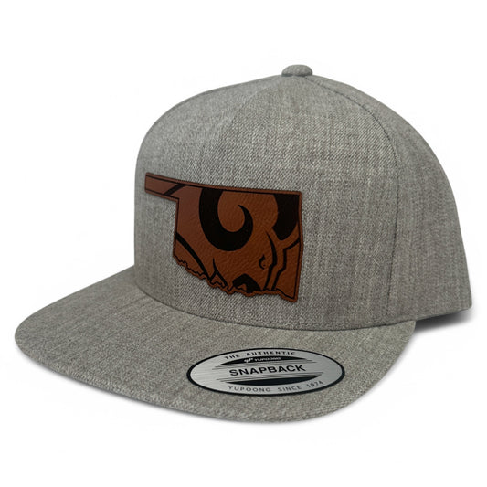 Owasso Rams- Leatherette Camel OK Ram Patch - Flatbill 5 Panel Wool Snapback Hat (Oatmeal)