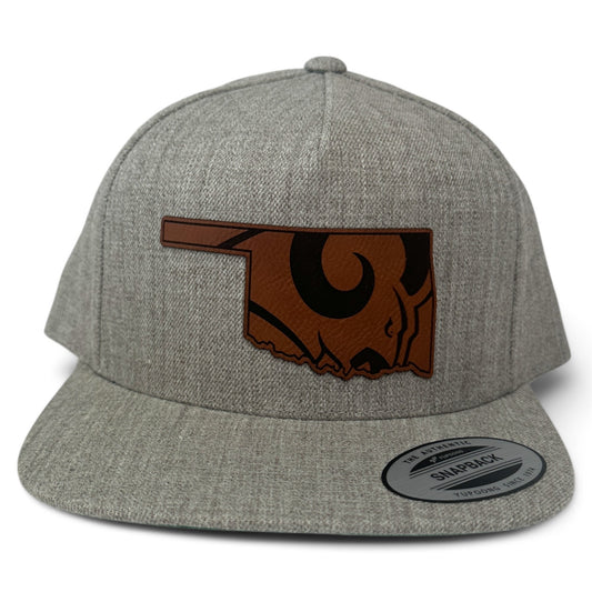 Owasso Rams- Leatherette Camel OK Ram Patch - Flatbill 5 Panel Wool Snapback Hat (Oatmeal)