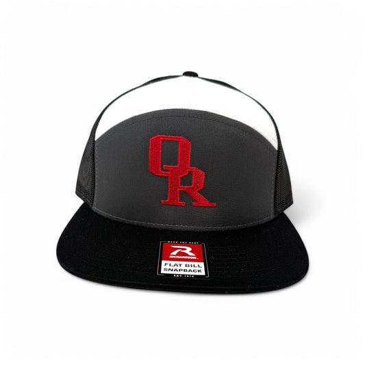 Owasso Rams - Embroidered OR Cardinal  - Richardson 7 Panel Flatbill Snapback Hat (White/Gray/Black)