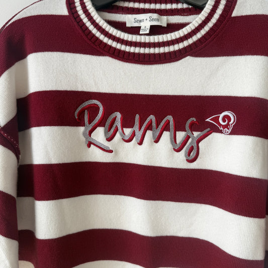 Owasso Rams - Embroidered Rams Script Ram Logo- Short Sleeve Stripe Sweater