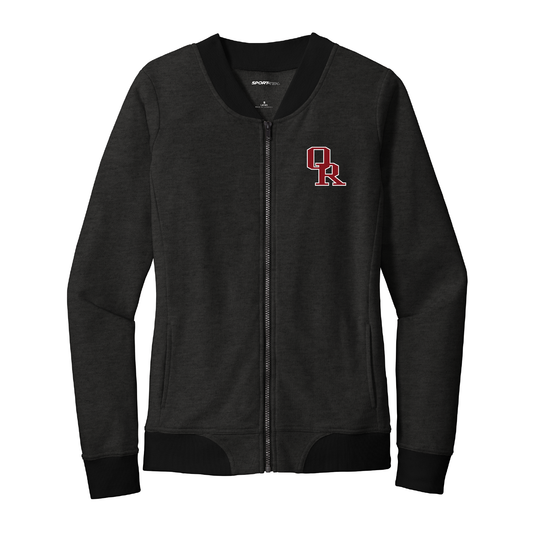 Owasso Rams - Embroidered Interlocking OR Card/White - Ladies Lightweight Bomber Full Zip Jacket (Heather Grey/Black)