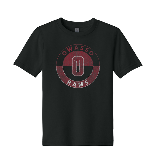 Owasso Rams - Screen Print Owasso O Circle Distressed - Youth Tee (Black)