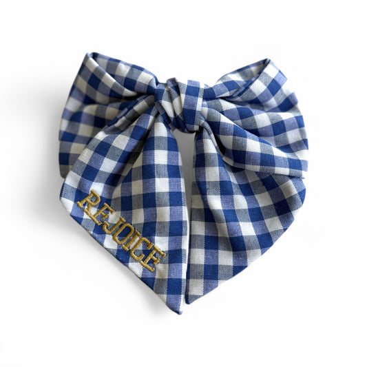 Rejoice Eagles - Embroidered Rejoice - Gingham Hair Bow (Blue)