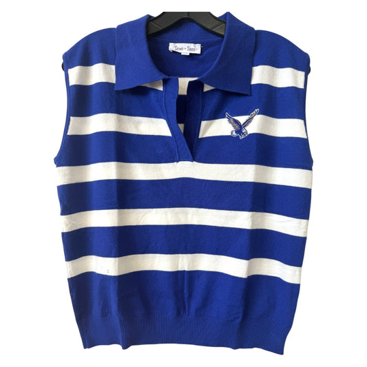 Rejoice Eagles - Embroidered Fly Eagle - Ladies Striped Sleeveless Sweater Top (Royal/White)