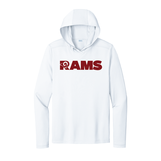 Owasso Rams - Screen Print Ram in "R"ams - UV Hooded Performance Long Sleeve Tee (White)