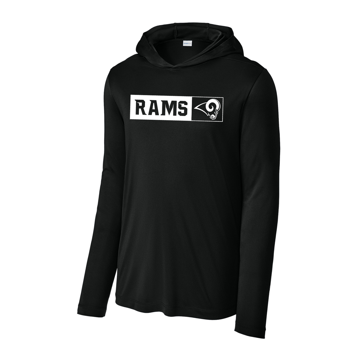 Owasso Rams - Screen Print Rams Box Knockout Ram Logo - UV Hooded Performance Long Sleeve Tee