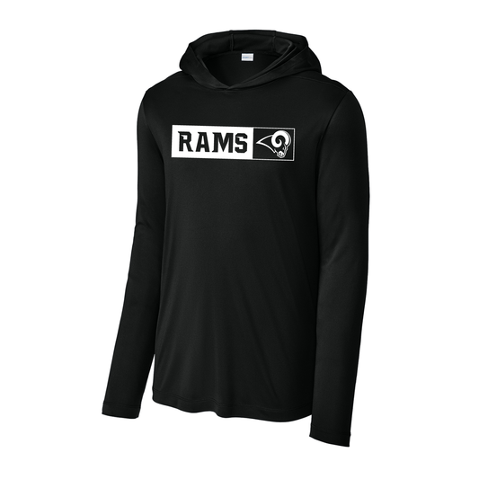 Owasso Rams - Screen Print Rams Box Knockout Ram Logo - UV Hooded Performance Long Sleeve Tee