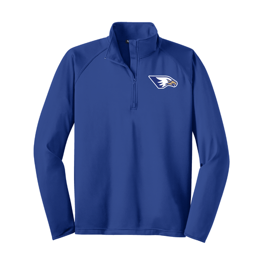 Blue pullover with a logo on a white background
