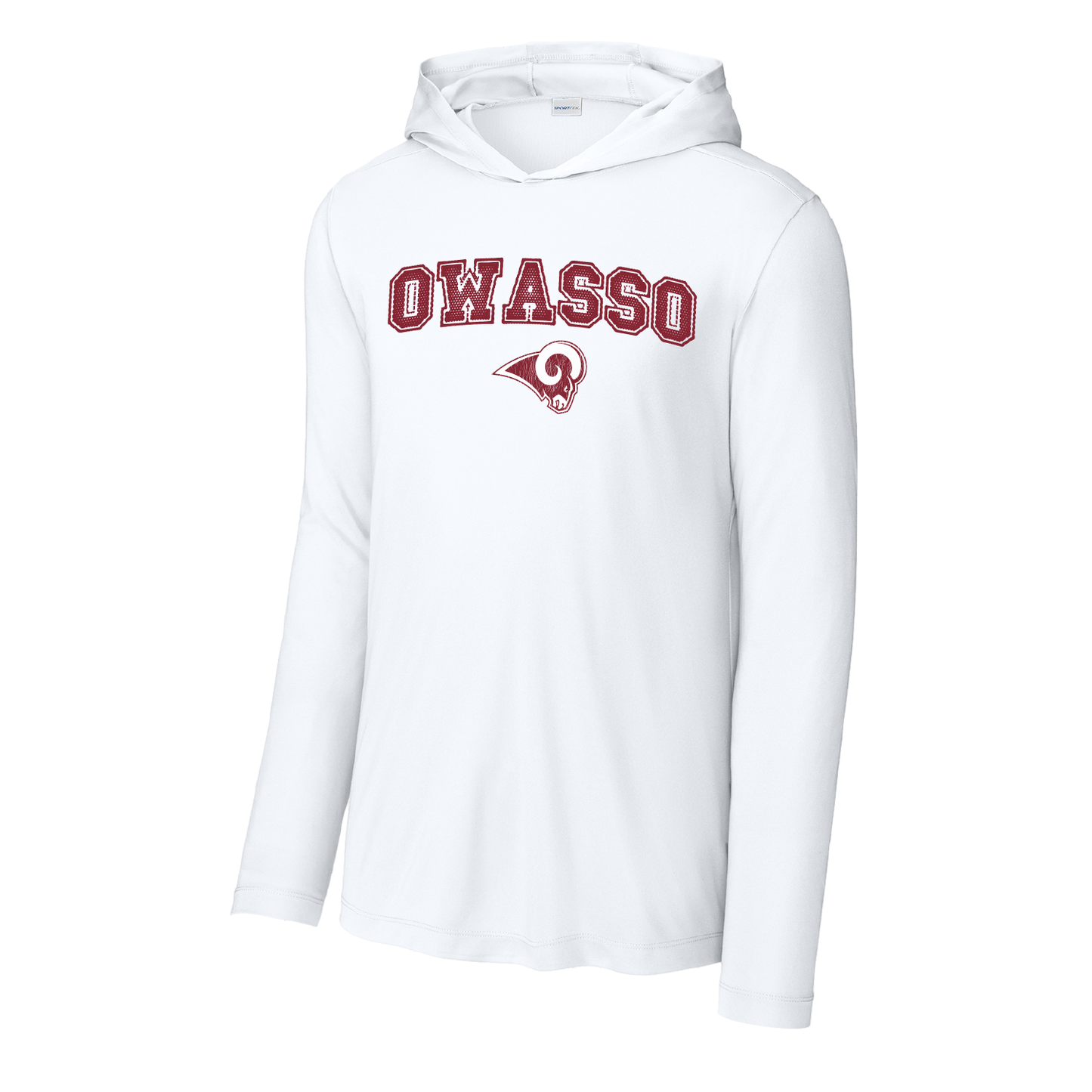 Owasso Rams -  Screen Print Owasso Mesh Arched Ram - Hooded UV Performance Long Sleeve (White)