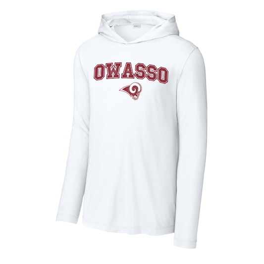 Owasso Rams -  Screen Print Owasso Mesh Arched Ram - Hooded UV Performance Long Sleeve (White)