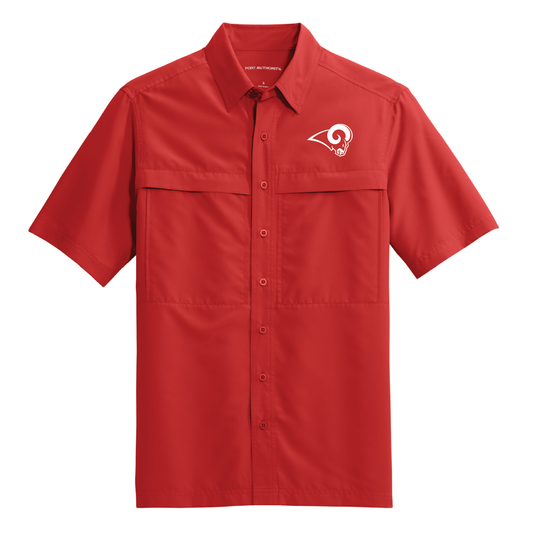 Owasso Rams -Embroidered Ram - Outdoor Button Up Shirt (Cardinal)
