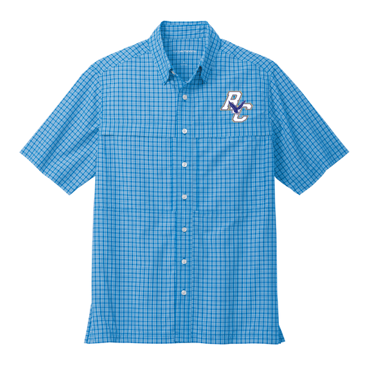 Rejoice Eagles -Embroidered Rejoice Christian Eagles Logo - Outdoor Button Up Shirt (Blue Plaid)