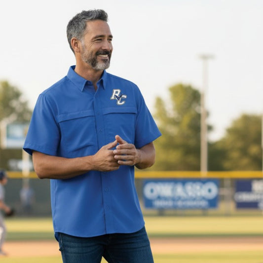 Rejoice Eagles -Embroidered Rejoice Christian Eagles Logo - Outdoor Button Up Shirt (Royal)